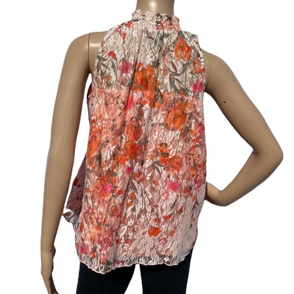 Status by Chenault Pink Women's Floral Lace Shirred Mock Neck Sleeveless Top S - Picture 4 of 9